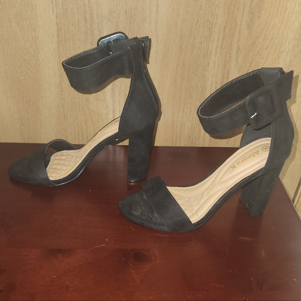 Allegra K Women's Black Block Heels Buckle Strap Rear Zipper Size 8